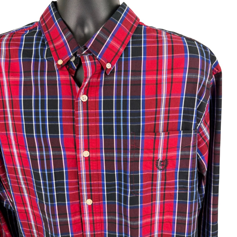 Chaps Mens XXL Red Blue Plaid Stretch Easy Care Button Down Long Sleeve Shirt